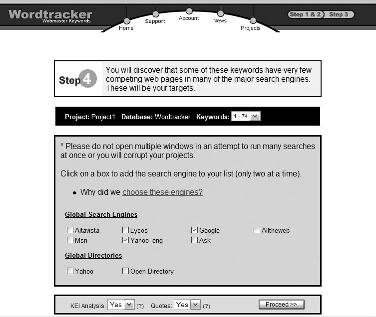 Choosing search engines to target for competitive analysis of keywords in Wordtracker
