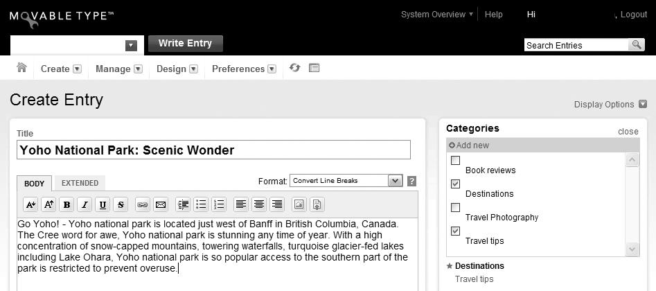 Creating an entry with categories in Movable Type