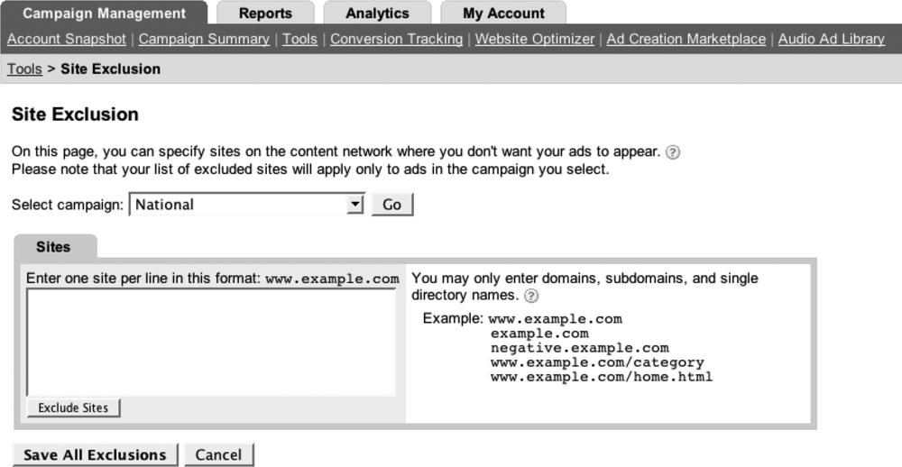 The AdWords Site Exclusion tool