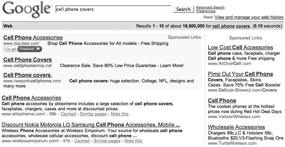 A typical search result for the phrase "cell phone covers"