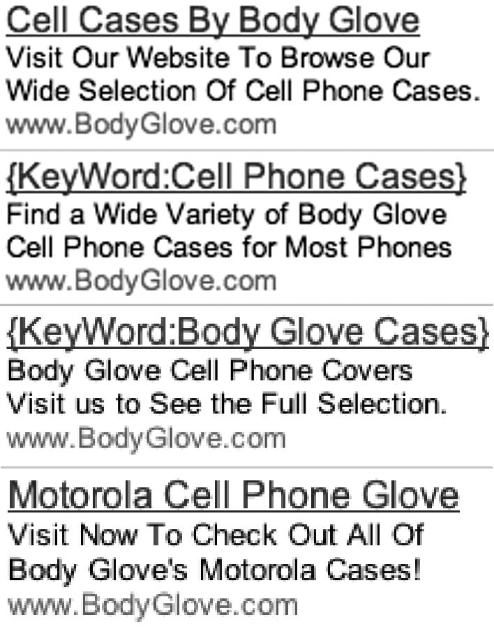 Four baseline ads for variations on "cell phone cases"