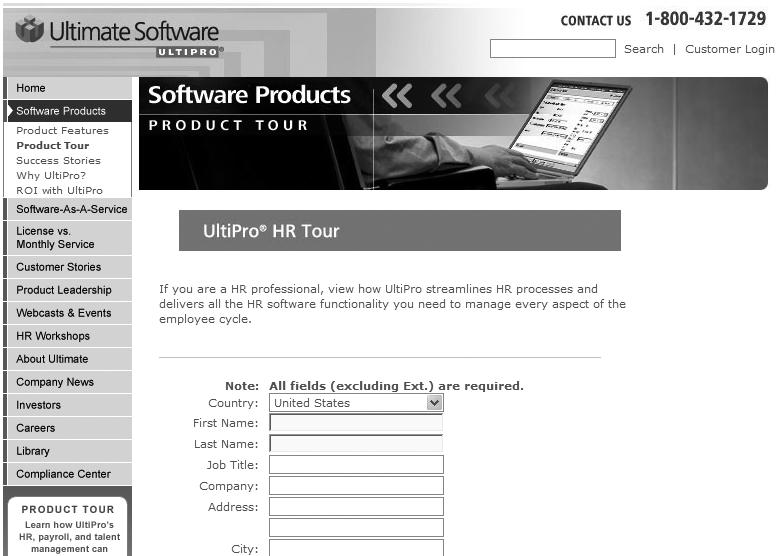 Ultimate Software's lead generation page