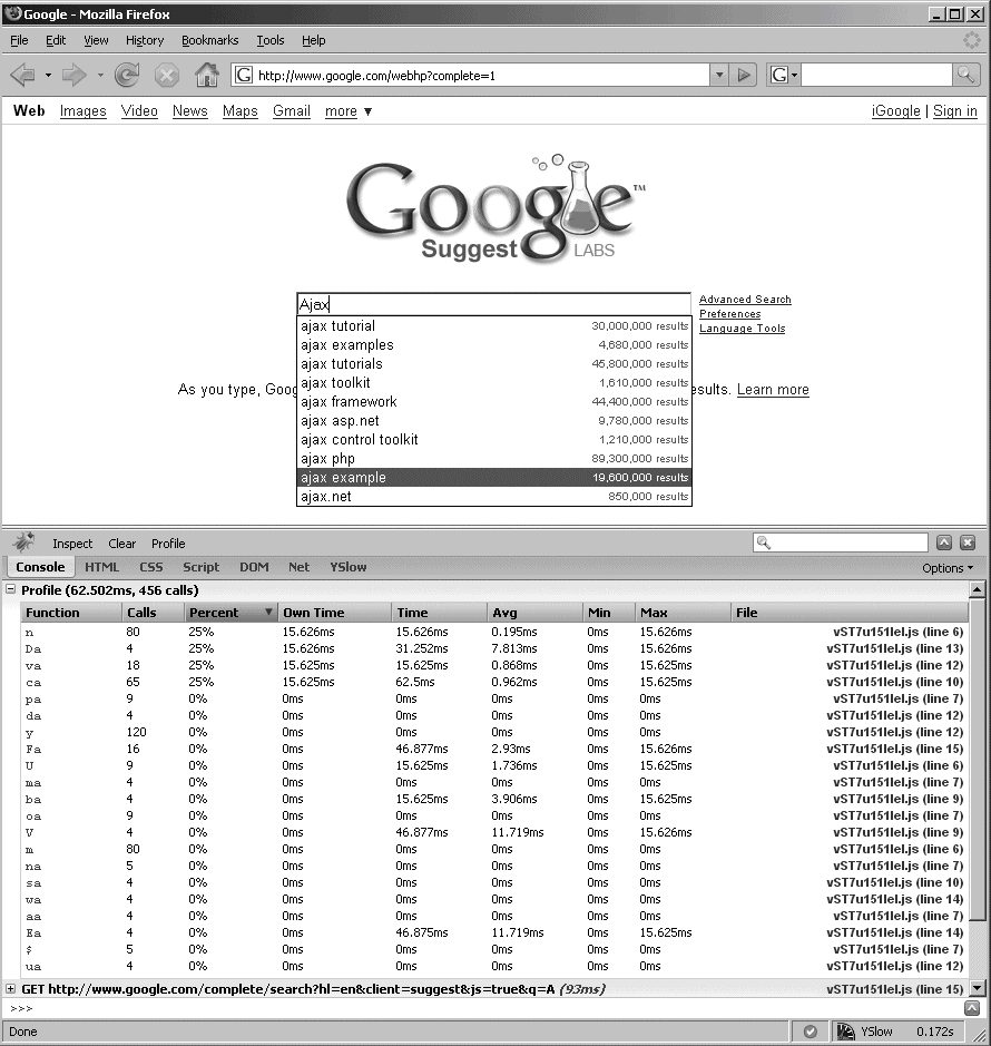 Firebug's JavaScript profiler in action