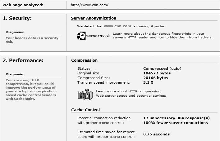 Checking the caching on CNN.com with Port80Software.com's Cache Check tool