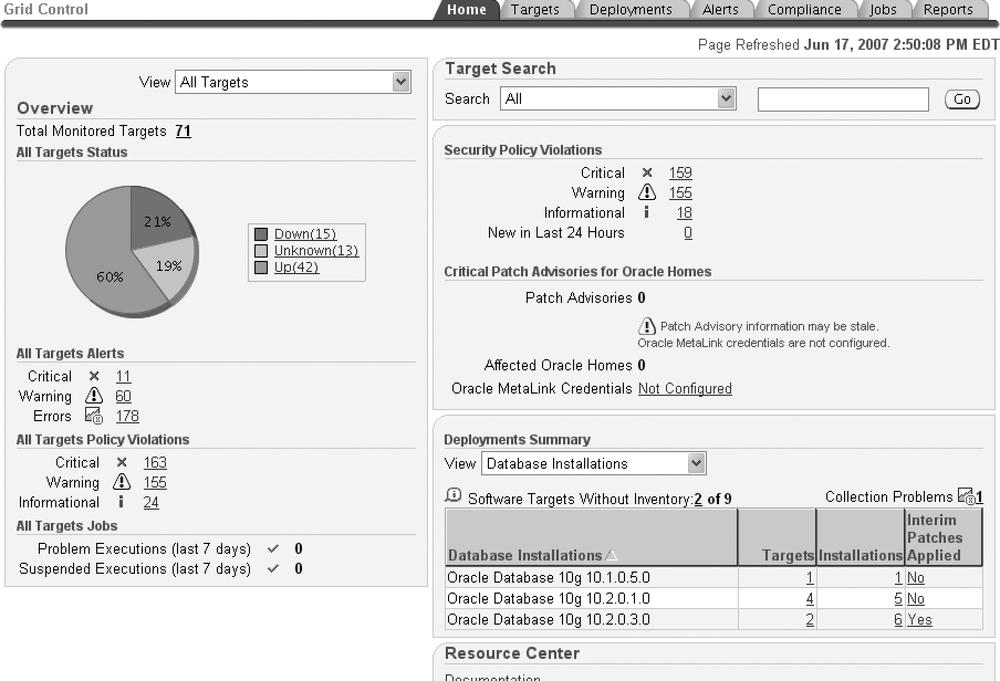 Typical Grid Control home page