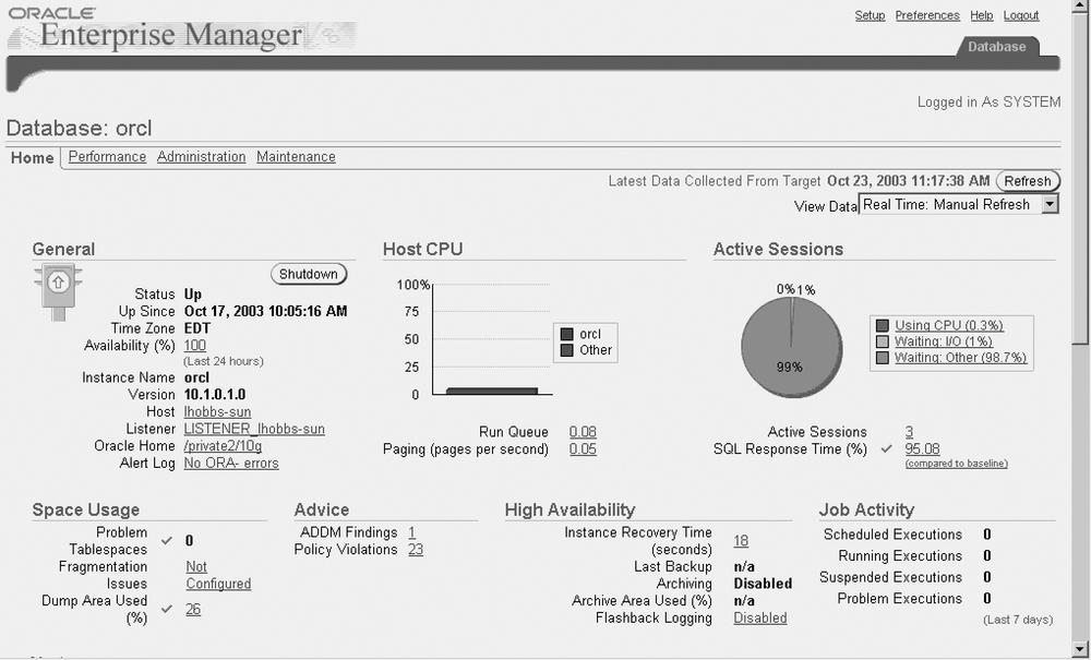 Oracle Enterprise Manager Database home page