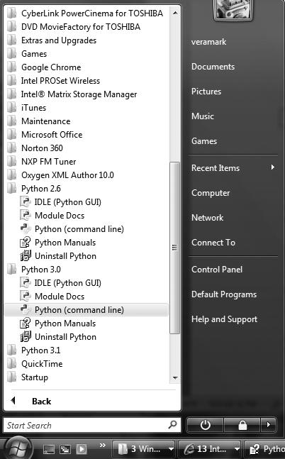 When installed on Windows, this is how Python shows up in your Start button menu. This can vary a bit from release to release, but IDLE starts a development GUI, and Python starts a simple interactive session. Also here are the standard manuals and the PyDoc documentation engine (Module Docs).