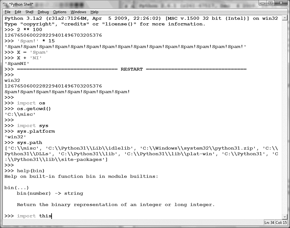 The main Python shell window of the IDLE development GUI, shown here running on Windows. Use the File menu to begin (New Window) or change (Open...) a source file; use the text edit window’s Run menu to run the code in that window (Run Module).