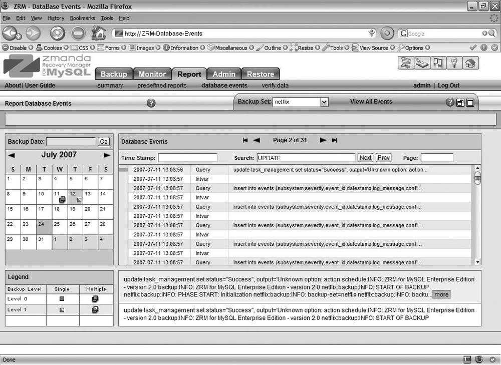 ZRM's backup calendar and binary log search interface