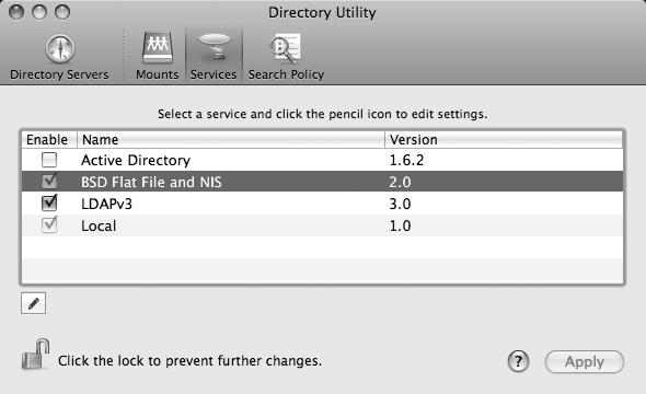 The Directory Utility application shows the available plug-ins