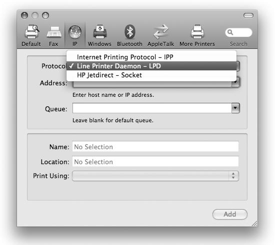 Selecting the LPD protocol in the AddPrinter utility’s Printer Browser