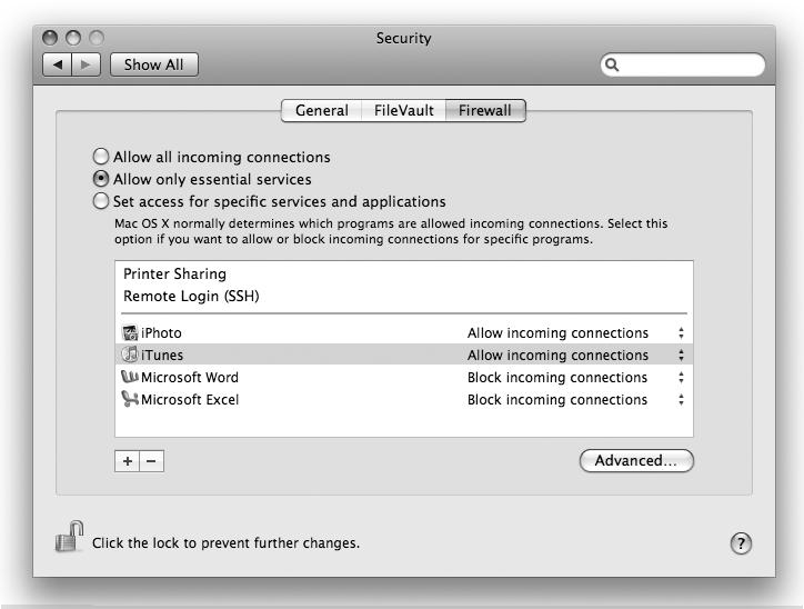 Printer sharing revealed in the Security preference pane