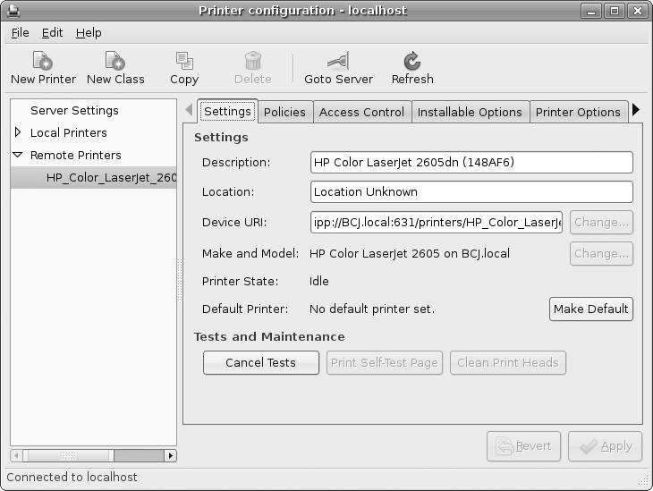 Examining a remote printer under GNOME