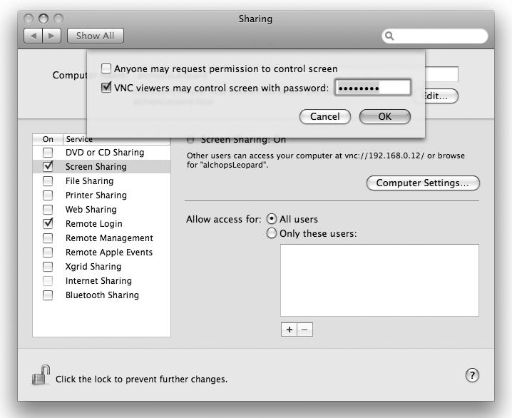 Allowing VNC control of your Mac in the Sharing System Preferences pane