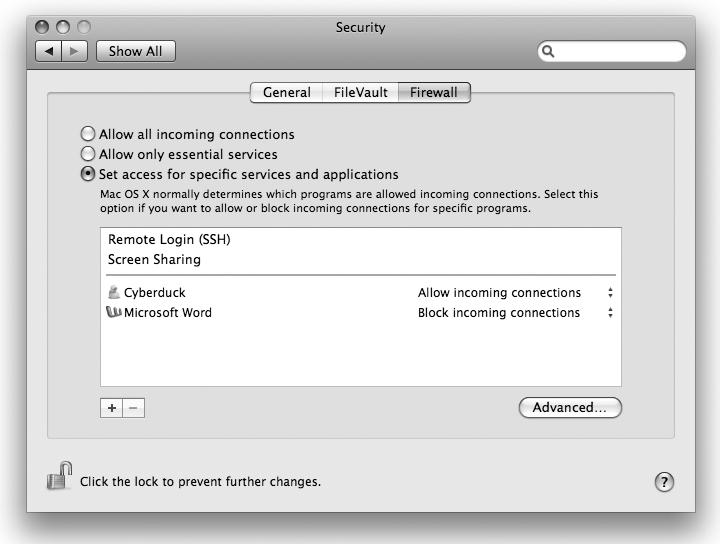 Firewall setting in System Preferences to allow (VNC) screen sharing