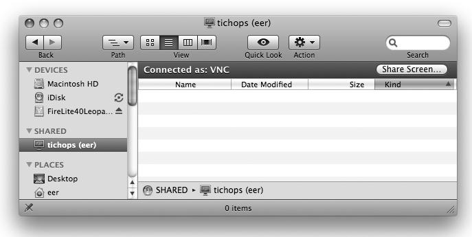 Finder window showing Bonjour-broadcast Mac running a VNC server