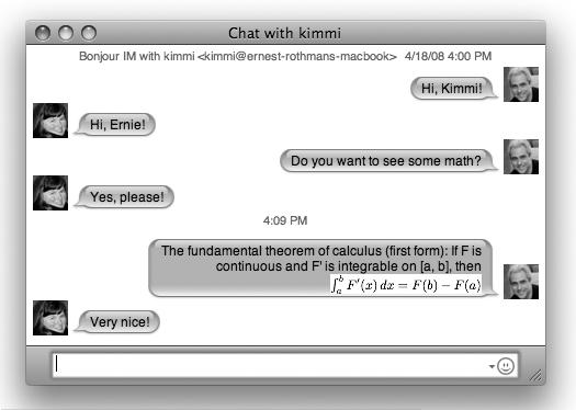 An iChat message with an equation rendered by LaTeXiT