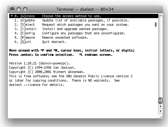 The dselect program’s main menu