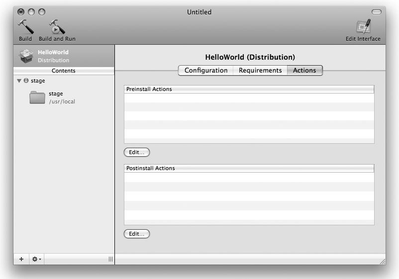 Actions pane for specifying pre- and post-install actions