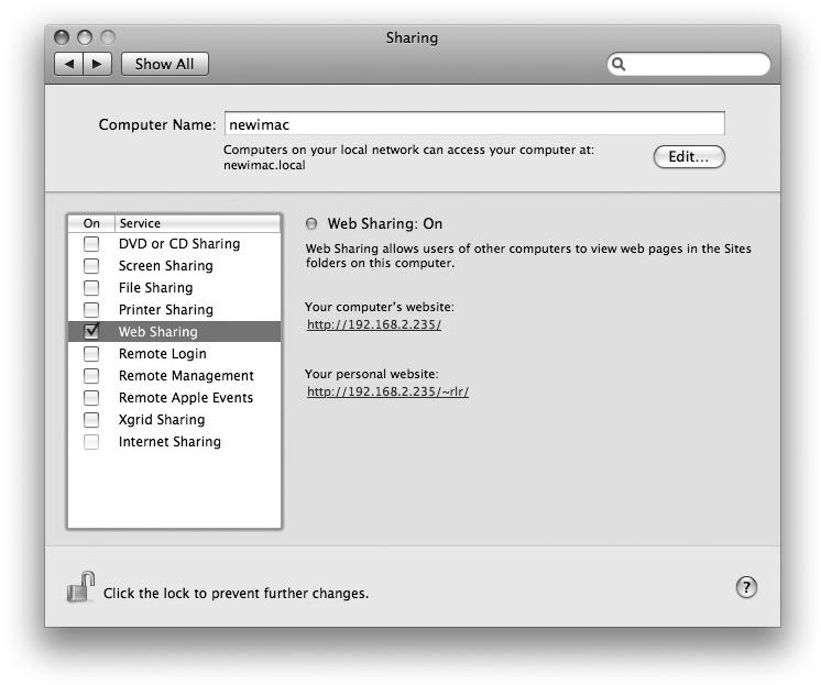 Web Sharing option on Sharing preference pane