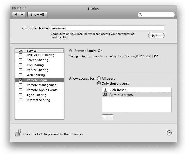 Remote Login option on Sharing preference pane