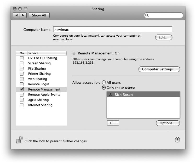 Remote Management option on Sharing preference pane