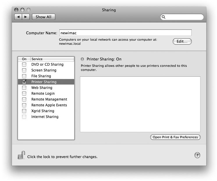 Printer Sharing option on Sharing preference pane