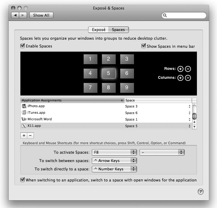 Setting up Spaces in the Exposé & Spaces System Preferences pane